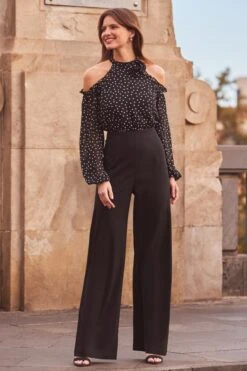 Black Spot Print Corsage Detail Cold Shoulder Two Part Jumpsuit