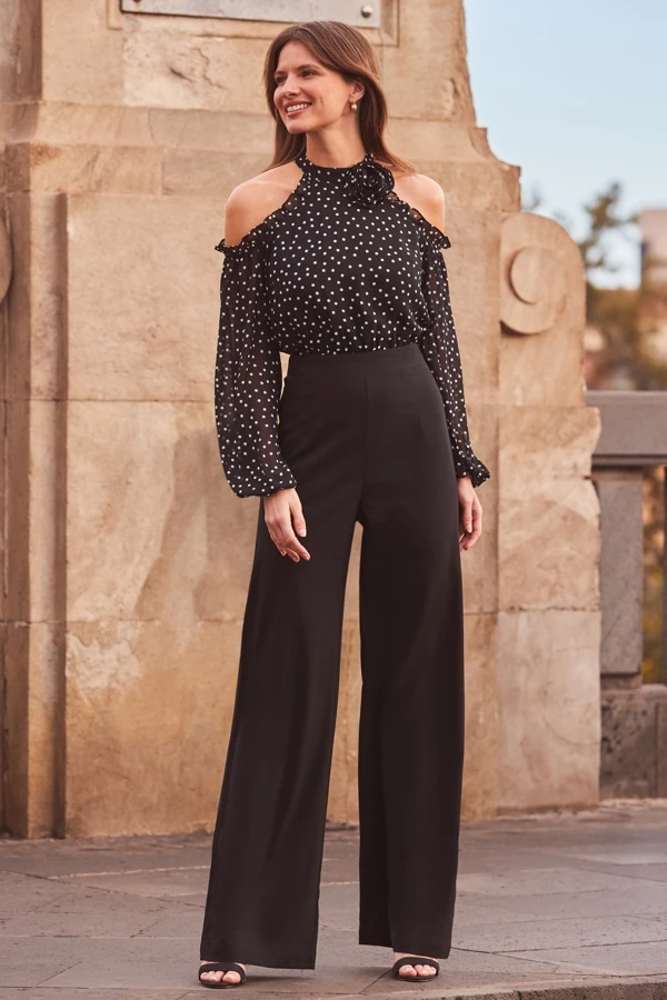 Black Spot Print Corsage Detail Cold Shoulder Two Part Jumpsuit 3 Black Spot Print Corsage Detail Cold Shoulder Two Part Jumpsuit