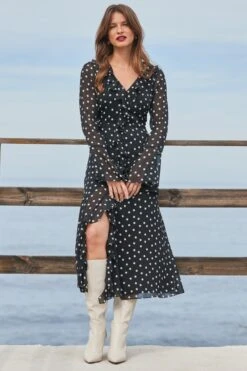 Petite Black Spot Print Ruffle Detail Fluted Sleeve Midi Dress -Sosandar Fashion Store web 2401 71 s24dw041bkwe01 71 040 1