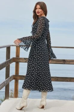 Petite Black Spot Print Ruffle Detail Fluted Sleeve Midi Dress -Sosandar Fashion Store web 2401 71 s24dw041bkwe01 71 125 1