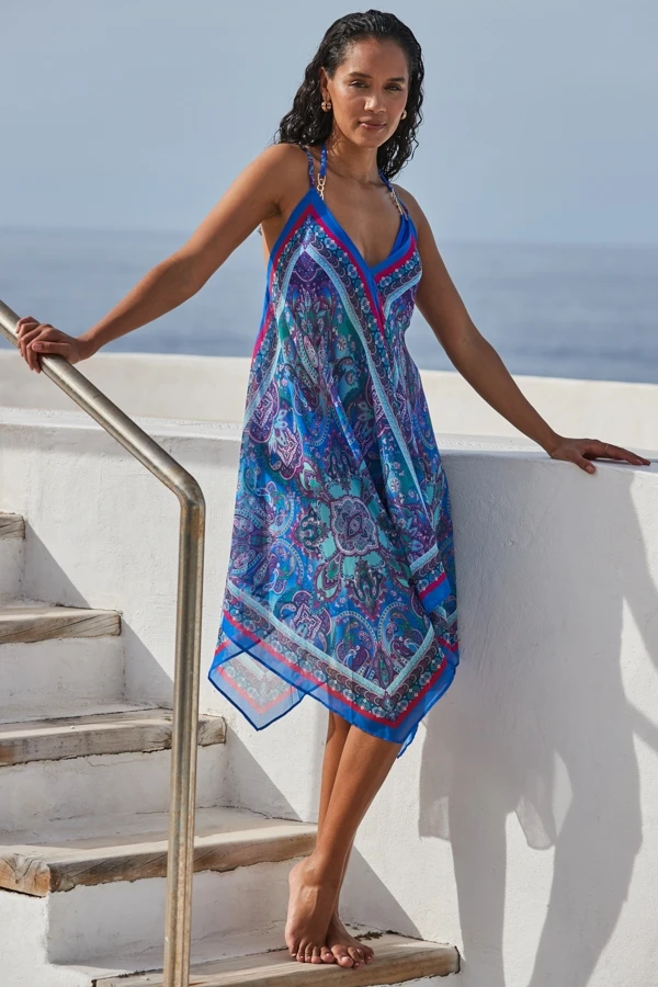 Blue Scarf Print Hanky Hem Beach Dress 4 Blue Scarf Print Hanky Hem Beach Dress - Image 2