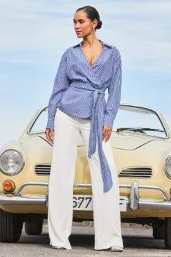 Blue & White Stripe Tie Side Shirt -Sosandar Fashion Store web 2401 81 s24tw028best01 81 013