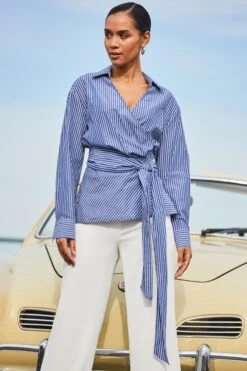 Blue & White Stripe Tie Side Shirt -Sosandar Fashion Store web 2401 81 s24tw028best01 81 075