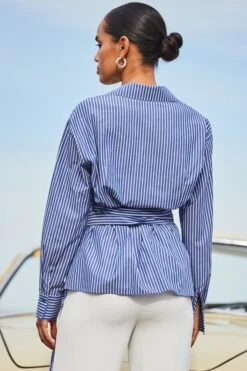Blue & White Stripe Tie Side Shirt -Sosandar Fashion Store web 2401 81 s24tw028best01 81 115