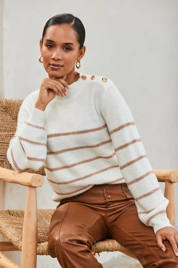 Cream & Gold Metallic Stripe Button Shoulder Jumper 3 Cream & Gold Metallic Stripe Button Shoulder Jumper