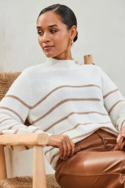 Cream & Gold Metallic Stripe Button Shoulder Jumper 10 Cream & Gold Metallic Stripe Button Shoulder Jumper -Sosandar Fashion Store web 2401 91 s24tk466nl0001 91 060