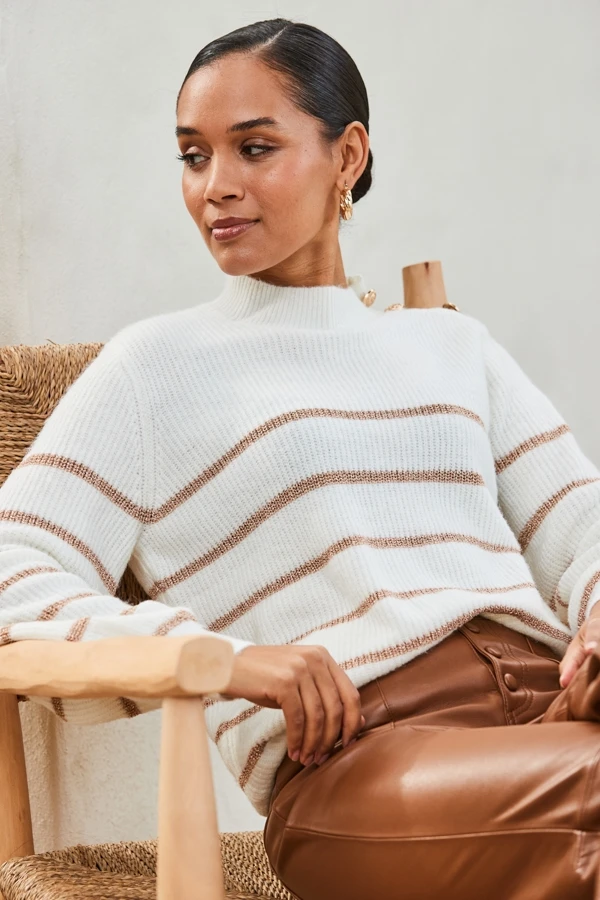 Cream & Gold Metallic Stripe Button Shoulder Jumper 5 Cream & Gold Metallic Stripe Button Shoulder Jumper - Image 3