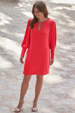 Coral Red Ring Detail Shift Dress -Sosandar Fashion Store web 2401 96 a23dw143rd0001 96 055 rt