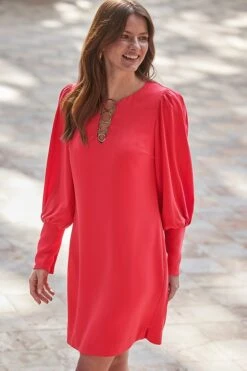 Coral Red Ring Detail Shift Dress -Sosandar Fashion Store web 2401 96 a23dw143rd0001 96 060 rt
