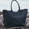 Black Faux Leather Woven Oversized Tote Bag -Sosandar Fashion Store web 2401 still life 02 093
