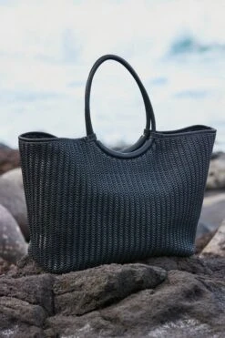 Black Faux Leather Woven Oversized Tote Bag