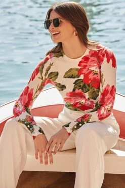 Cream & Pink Floral Print Jumper With Gold Buttons -Sosandar Fashion Store web 2402 02 s24tk499nl0001 02 026 1