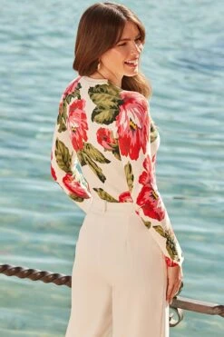 Cream & Pink Floral Print Jumper With Gold Buttons -Sosandar Fashion Store web 2402 02 s24tk499nl0001 02 213 1