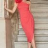 Coral Pink One Shoulder Corsage Detail Jersey Midi Dress 2 Coral Pink One Shoulder Corsage Detail Jersey Midi Dress -Sosandar Fashion Store web 2402 113 s24dj037pk0020 113 017