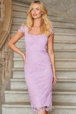 Lilac Floral Lace Pencil Dress With Pearl Detail -Sosandar Fashion Store web 2402 115 s24dw096pe0010 115 049 rt