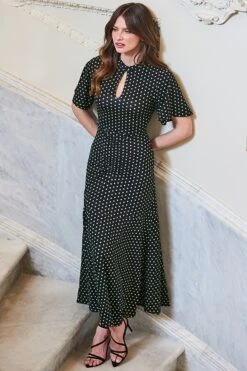 Black & Green Spot Print Keyhole Detail Jersey Dress