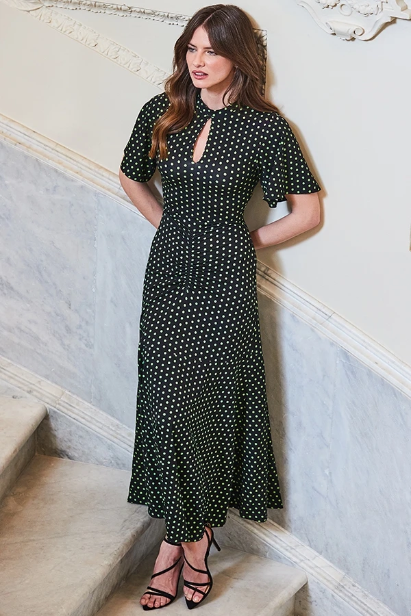 Black & Green Spot Print Keyhole Detail Jersey Dress 3 Black & Green Spot Print Keyhole Detail Jersey Dress