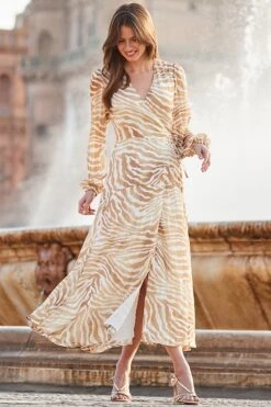 Gold Metallic Animal Print Blouson Sleeve Wrap Midaxi Dress -Sosandar Fashion Store web 2402 14 s24dw059bran01 003