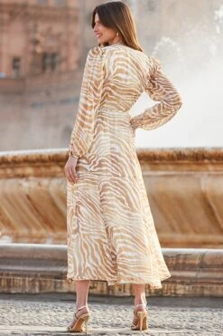 Gold Metallic Animal Print Blouson Sleeve Wrap Midaxi Dress -Sosandar Fashion Store web 2402 14 s24dw059bran01 004