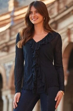Navy Blue Ruffle Detail Textured Blouse