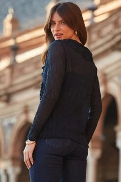 Navy Blue Ruffle Detail Textured Blouse -Sosandar Fashion Store web 2402 20 s24tj058be0003 20 154 1