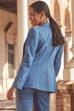 Mid Blue Denim Gold Button Detail Blazer -Sosandar Fashion Store web 2402 25 s24od007be0007 s24bd013be0007 25 090