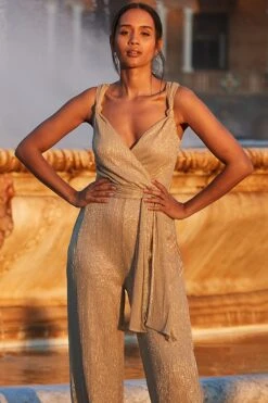 Champagne Gold Metallic Plisse Tie Waist Wrap Jumpsuit 12 Champagne Gold Metallic Plisse Tie Waist Wrap Jumpsuit -Sosandar Fashion Store web 2402 33 s24jj023cm0002 33 066