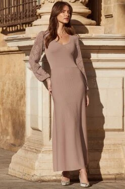 Mocha Crochet Sleeve Fit & Flare Knitted Maxi Dress