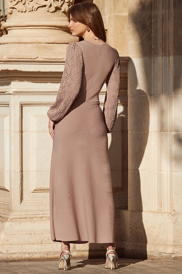 Mocha Crochet Sleeve Fit & Flare Knitted Maxi Dress 5 Mocha Crochet Sleeve Fit & Flare Knitted Maxi Dress - Image 3
