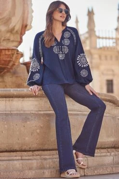 Navy Blue Premium Cotton Embroidered Blouse -Sosandar Fashion Store web 2402 38 s24tw109nv0001 38 039 1 1