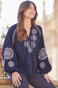Navy Blue Premium Cotton Embroidered Blouse -Sosandar Fashion Store web 2402 38 s24tw109nv0001 38 081 1