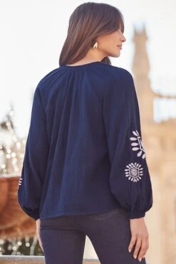 Navy Blue Premium Cotton Embroidered Blouse -Sosandar Fashion Store web 2402 38 s24tw109nv0001 38 163 1