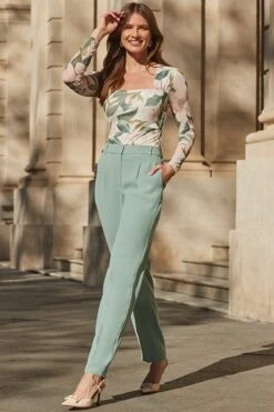 Sage Green Tapered Leg Trousers 12 Sage Green Tapered Leg Trousers -Sosandar Fashion Store web 2402 61 s24bw067gn0005 61 131
