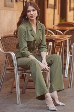 Khaki Green Relaxed Fit Belted Straight Leg Jumpsuit -Sosandar Fashion Store web 2402 64 s24jw004gn0031 64 022