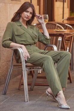 Khaki Green Relaxed Fit Belted Straight Leg Jumpsuit -Sosandar Fashion Store web 2402 64 s24jw004gn0031 64 034