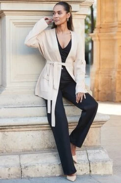 Camel Cargo Pocket Belted Cardigan -Sosandar Fashion Store web 2402 68 s24tk646be0040 68 040