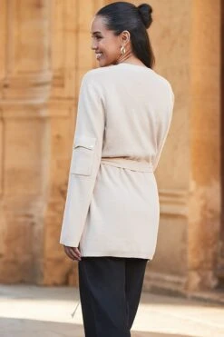 Camel Cargo Pocket Belted Cardigan -Sosandar Fashion Store web 2402 68 s24tk646be0040 68 151