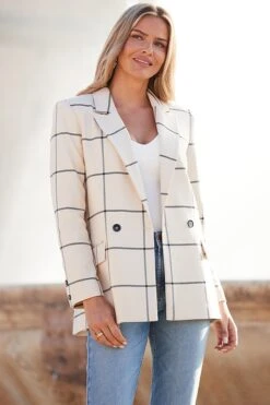Ivory Check Double Breasted Longline Blazer -Sosandar Fashion Store web 2402 78 s24ow065we0001 78 099