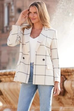 Ivory Check Double Breasted Longline Blazer -Sosandar Fashion Store web 2402 78 s24ow065we0001 78 199