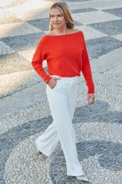 Orange Rib Batwing Jumper With Gold Button Detail 8 Orange Rib Batwing Jumper With Gold Button Detail -Sosandar Fashion Store web 2402 90 s24tk329oe0008 90 028