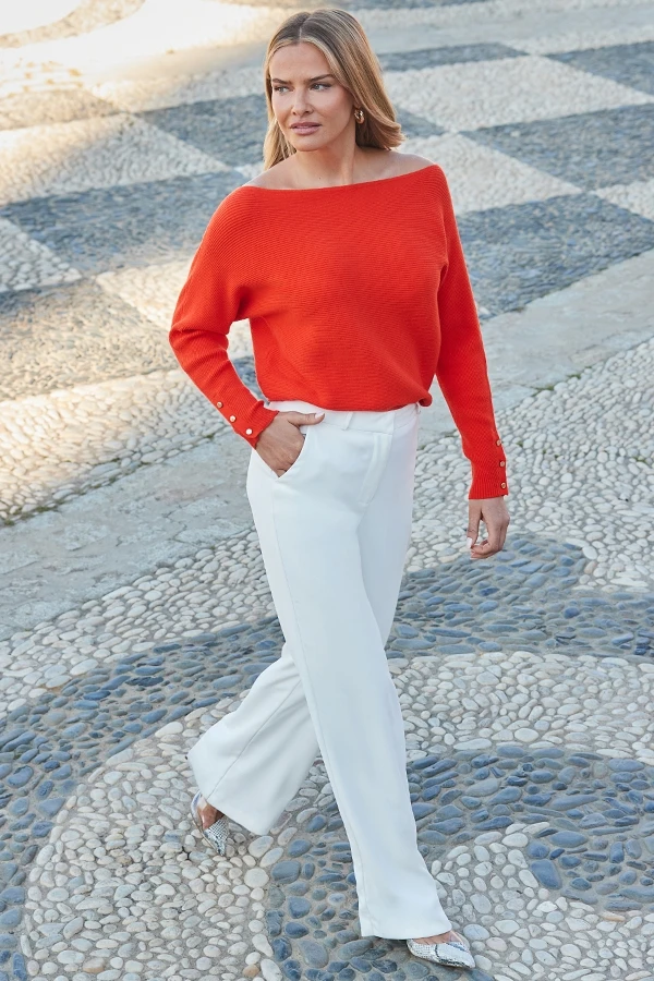 Orange Rib Batwing Jumper With Gold Button Detail 4 Orange Rib Batwing Jumper With Gold Button Detail - Image 2