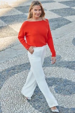 Orange Rib Batwing Jumper With Gold Button Detail 11 Orange Rib Batwing Jumper With Gold Button Detail -Sosandar Fashion Store web 2402 90 s24tk329oe0008 90 040