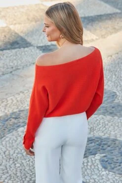 Orange Rib Batwing Jumper With Gold Button Detail 10 Orange Rib Batwing Jumper With Gold Button Detail -Sosandar Fashion Store web 2402 90 s24tk329oe0008 90 196