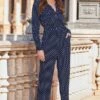 Navy Blue Spot Print Straight Leg Jumpsuit -Sosandar Fashion Store web 2402 92 s24jw014blsp01 92 017 rt