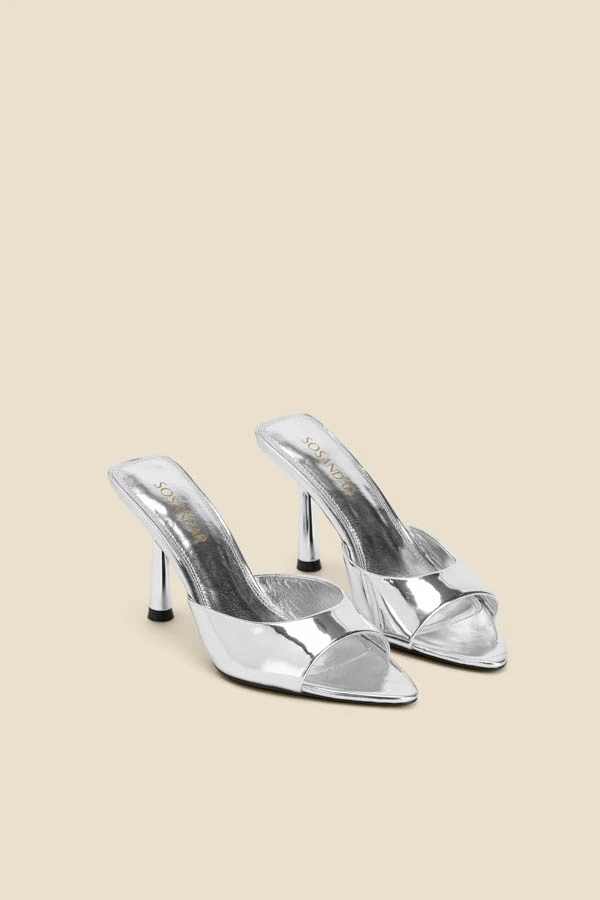 Silver Leather Flared Heel Pointed Toe Mules 4 Silver Leather Flared Heel Pointed Toe Mules - Image 2