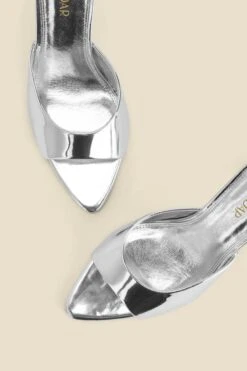 Silver Leather Flared Heel Pointed Toe Mules 12 Silver Leather Flared Heel Pointed Toe Mules -Sosandar Fashion Store web 2402 box s24fw020mc0005 d