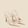 Ecru Leather Stiletto Heel Trim Detail Slingback Court Shoe