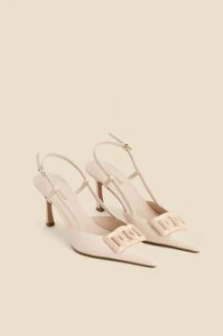 Ecru Leather Stiletto Heel Trim Detail Slingback Court Shoe