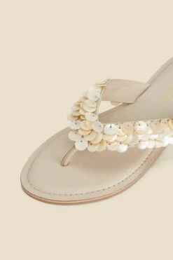 Ecru Shell Detail Leather Flip Flops -Sosandar Fashion Store web 2402 box s24fw022eu0001 d
