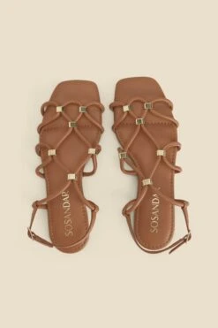 Tan Leather Gold Trim Gladiator Sandals -Sosandar Fashion Store web 2402 box s24fw023bn0004 c